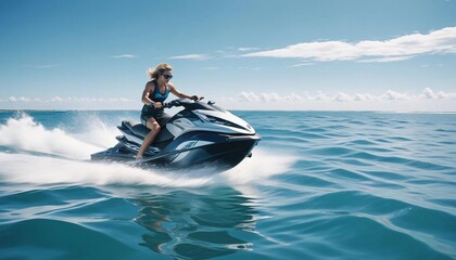 Obraz premium Jet ski speeding across crystal clear blue waters with a bright sky 