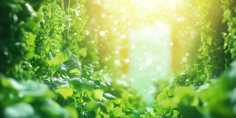 sunlit foliage pathway, green leaves, nature bokeh, sunlight through leaves, serene forest ambiance