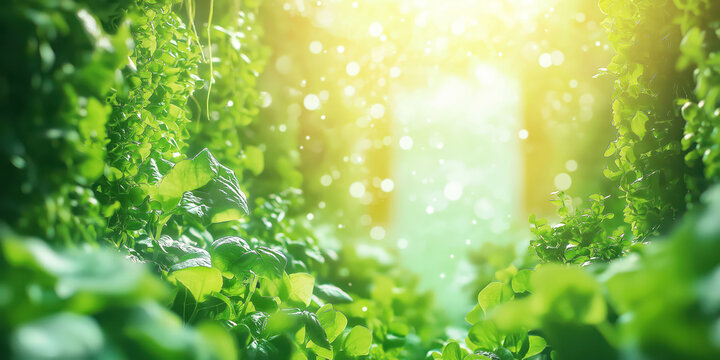 sunlit foliage pathway, green leaves, nature bokeh, sunlight through leaves, serene forest ambiance