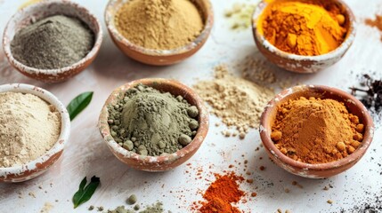 Various henna powder on light backdrop