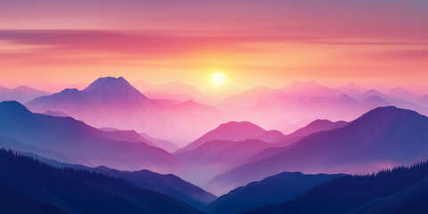 Fototapeta premium Spectacular Sunset Over Misty Mountain Range at Twilight with Vivid Colors