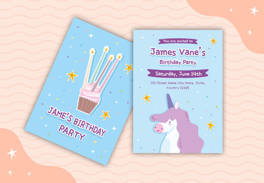 Blue and Purple Cute Unicorn Birthday Invitation Card Template