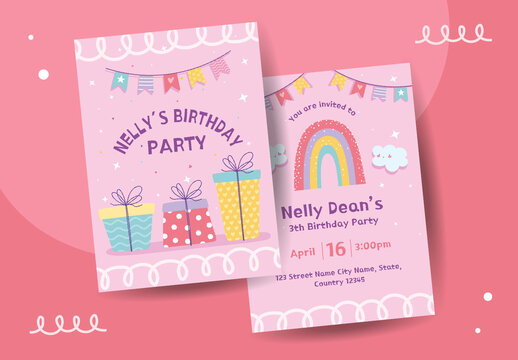 Pink and Pastel Cute Birthday Invitation Card Template