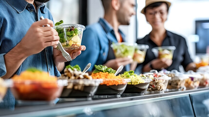 A group of individuals are serving themselves various fresh salads from a well-stocked salad bar during a lunch break - Generative AI
