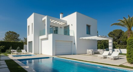 A luxurious white villa with a sparkling pool, spacious terrace, modern seating, and a seamless garage, offering a serene and harmonious atmosphere.
