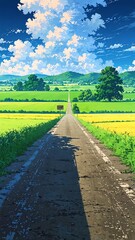 Fototapeta premium quiet countryside road with fields background vertical backdrop illustration anime cartoon