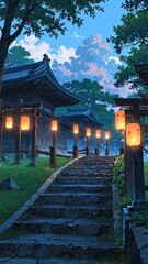 Obraz premium quiet shrine with stone lanterns background vertical backdrop illustration anime cartoon
