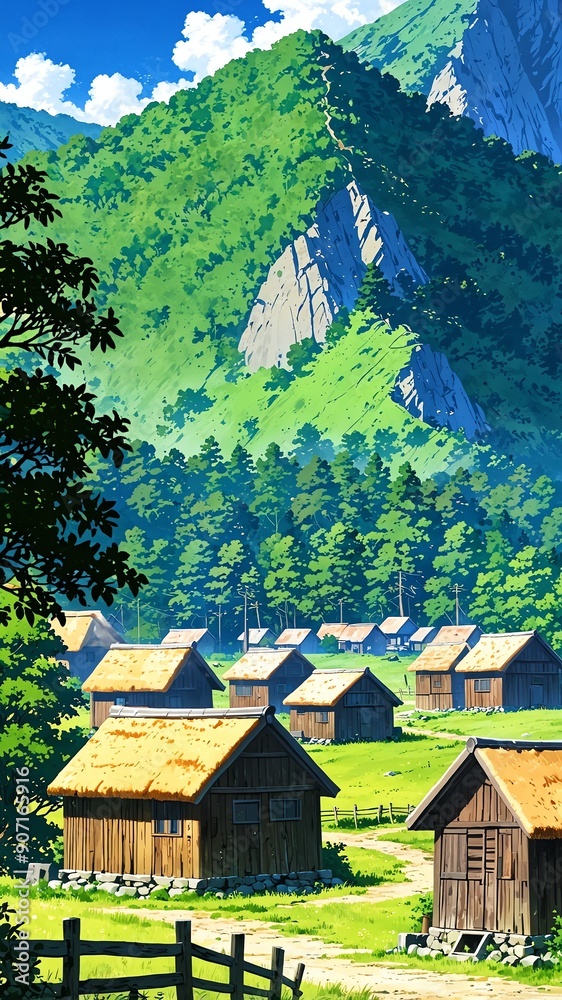 Canvas Prints serene mountain village with huts background vertical backdrop illustration anime cartoon