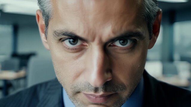 A middleaged businessman with steel grey eyes peering intently at soing offcamera with a serious expression. He is dressed in a suit and tie and has a cleanshaven face. The