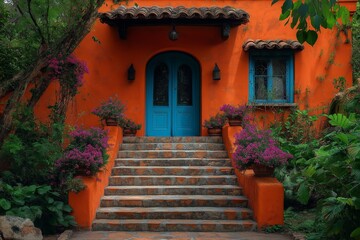 Beautiful orange house with blue door, entrance and flowers in the garden.