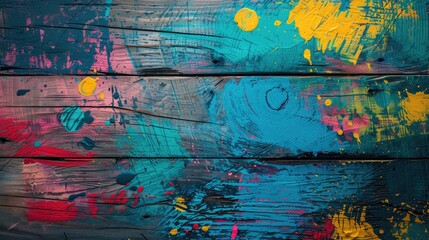 Painting with vivid colors on wooden surface with room for text