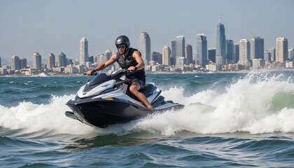 Jet ski cutting through ocean waves with a coastal city skyline in the background
