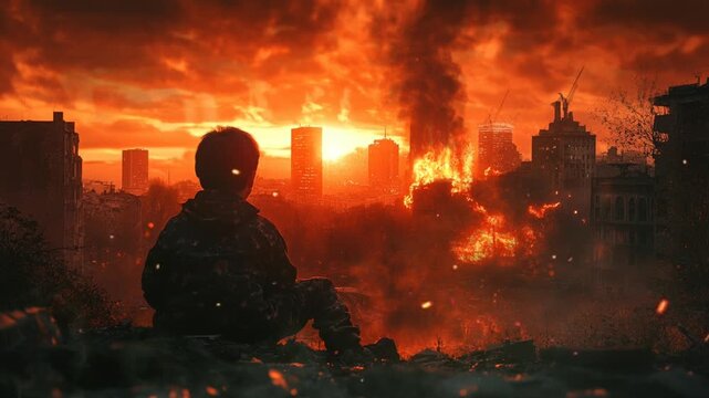 A boy sitting on the edge of building looking at the city on fire after war, seamless looping video animated background	