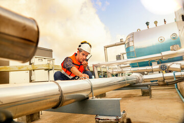 Male HAVC refrigeration system technician work inspect stainless steel insulation delivery and suction pipes refrigeration systems check for damage equipment and inspect prevent leaks ensure safety.