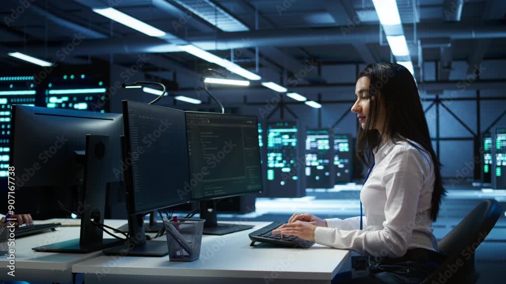 Poster portrait of smiling engineer overseeing data center, making improvements and updates to ensure syste