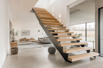 Modern minimalist interior with floating wooden stairs, cozy living area, and large windows offering natural light.