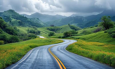 Fototapeta premium A winding rural road with bright yellow lines curves through lush green fields and scattered wildflowers beneath a cloudy sky.