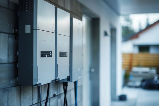 Electric energy storage system  battery packs as sustainable backup in home garage wall photography