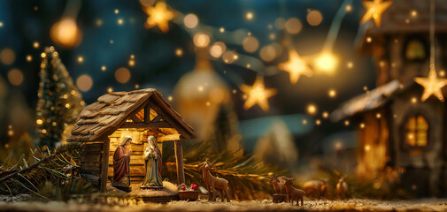 A wooden Christmas Nativity set with the holy family gazing at baby Jesus with a bokeh background © Uladzislau