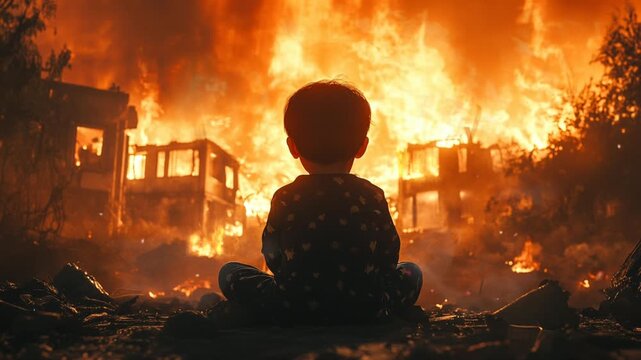 A boy sitting on the edge of building looking at the city on fire after war, seamless looping video animated background	