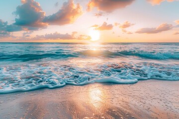 Tropical island paradise  beach sunrise horizon sea water banner for inspiring summer vacation