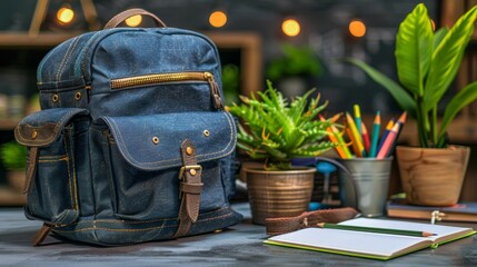 Fototapeta premium A blue retro styled canvas backpack with a front pocket and adjustable shoulder straps is sitting on a table. The backpack is open, and there are school supplies on the table next to it