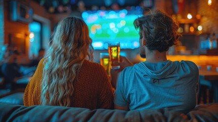 Fototapeta premium Game day excitement: fans enjoying a football match on the tv at home, capturing the spirit of sports fans cheering live, sharing moments, and savoring snacks and drinks together.