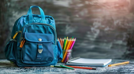 A blue backpack with school supplies on a table, blackboard in the background. Open backpack shows pencils, pens, markers, notebooks. Table has books, papers. Student setting, studying environment