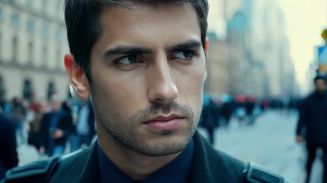 A young man with striking grey eyes and a serious expression staring intently at soing in the distance. He has a strong jawline and angular features. The background is a busy city