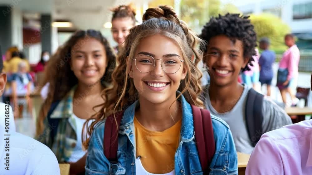 Poster a group of cheerful students are outside at school, smiling and enjoying their time together in the 
