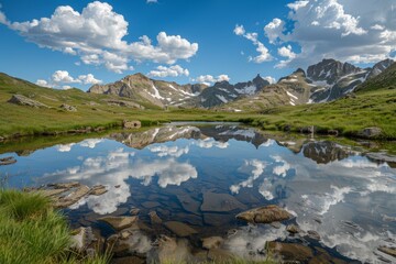 Alpine tarn reflects clouds and peaks, creating a stunning visual in photography composition