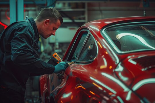 Skilled mechanic using spotter to align car body after collision for precision restoration - Powered by Adobe