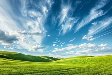 Obraz premium Breathtaking landscape vast green meadow under serene clear blue sky in captivating photography