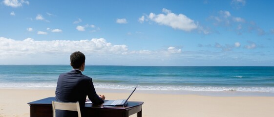 Focused Work by the Ocean, A man works diligently on his laptop at a desk set up on a serene beach. With the calming ocean as his backdrop, he enjoys the tranquility of nature while staying productive