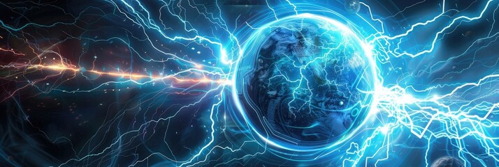 Fototapeta premium Geeky gaming culture elements with nuclear reactor and electric circuit motifs science tube design merging electricity and technology glowing plasma globe casting a strong electrical glow F