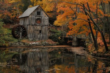 Captivating autumnal scene at the historic grist mill in a stunning photography shot
