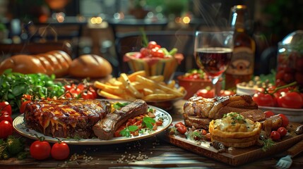 Fototapeta premium Delicious Grilled Steak and Roasted Meat with Side Dishes - Realistic Food Image