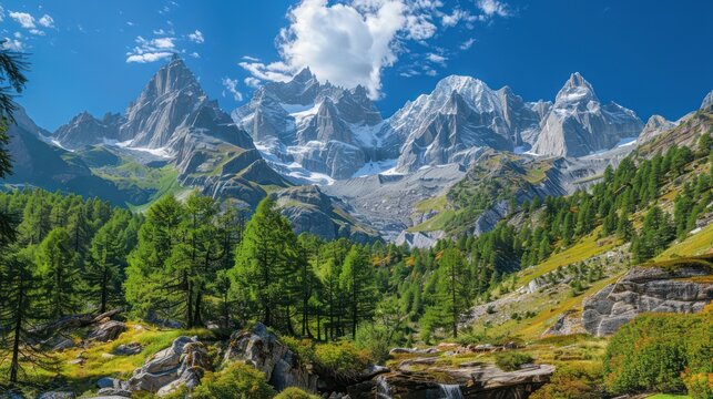 World environment day concept: Green mountains and beautiful blue sky clouds