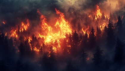 Photorealistic Image of a Dense Forest Wildfire with Intense Flames and Thick Smoke