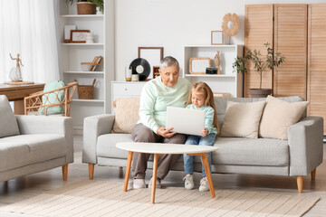 Cute little girl with her granny using laptop at home