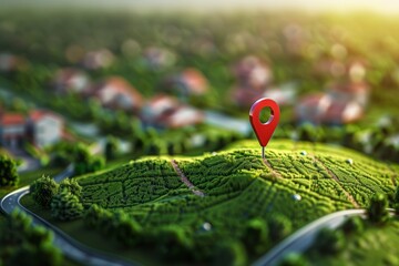 3d location pin on green land plot for estate investment and construction project ground section