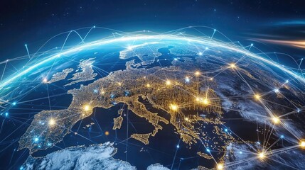 Globe with digital trade routes and nodes, network connection, international trading