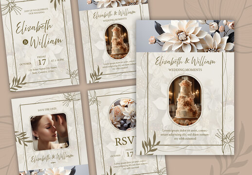Elegant Floral Wedding Invitation and RSVP Card Set