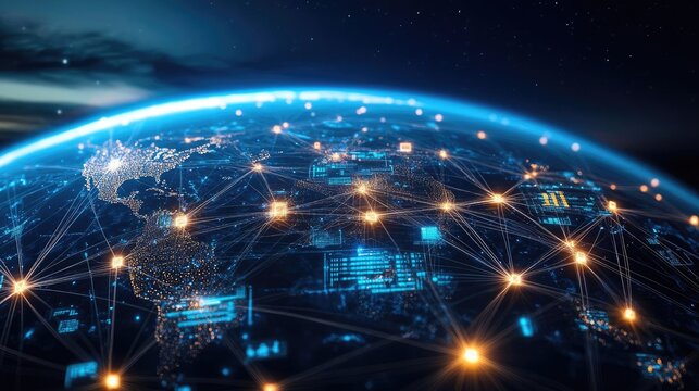 Globe with digital connections and trade nodes, global network, international trading