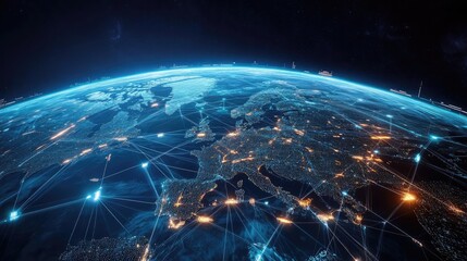 Planet Earth with neon trade routes and data streams, global network, international trading