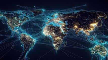 World map with digital lines connecting cities, network map, global trade flow