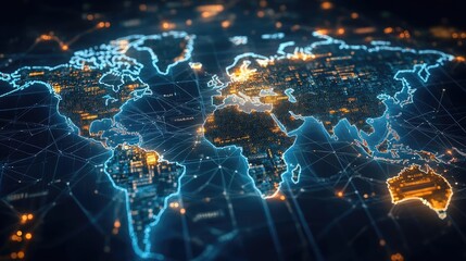 World map with luminous trading data, global network, international business