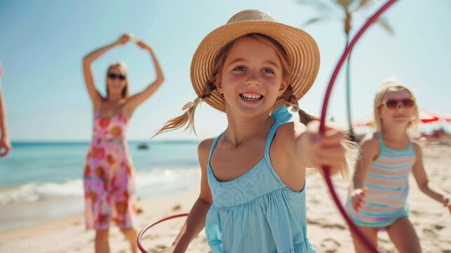 Happy girl playing with hula hoop at the beach with family on a sunny summer day