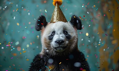 An adorable panda, sporting a shiny gold party hat, is playfully surrounded by colorful confetti on a green background.