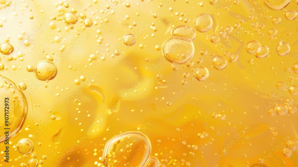 Poster a collection of bubbles floating on the surface, with a yellow background
